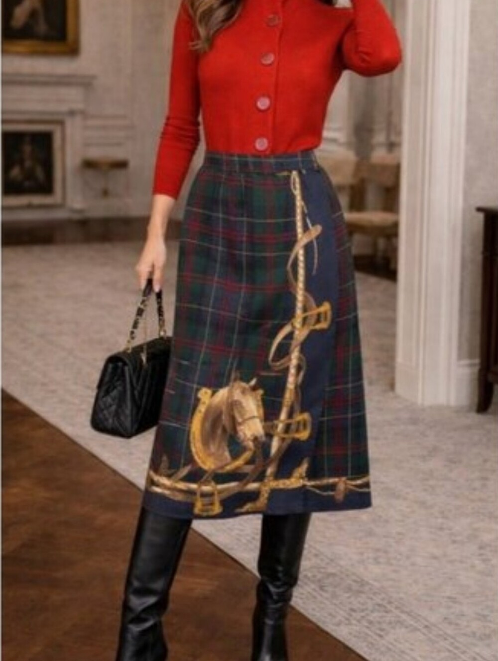 JH Collectibles Navy & Green Plaid Midi Skirt with Gold Equestrian Print